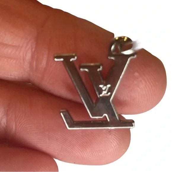 Upcycled Silver LV Louis Vuitton Stamped Charm 30mm Hoop Earrings - Picture 8 of 12